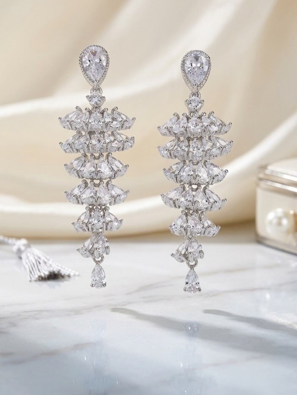 Silver Pear Cut Crystal Chandelier Dangle Earrings